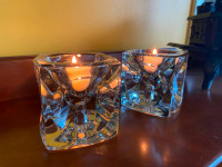 Pair of Vintage Bohemian Czech Glass Ice Cube Candle Holders