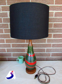 Mid Century Modern Eames Lamp Teak & Ceramic Red & Green Swirl