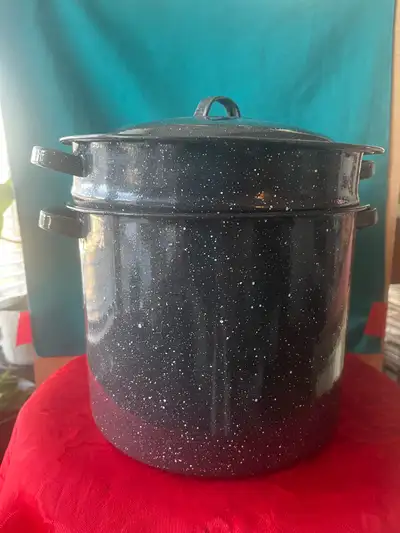 Speckled Enamelware Pot with steamer 9 in. high, 10 in. diameter, View more