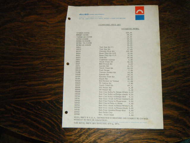 Rupp Snowmobile Accessories Price List Dealer 1974 in Other in Oakville / Halton Region