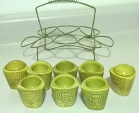 Vintage Green Ceramic Egg Cups Set With Salt & Papper Shakers