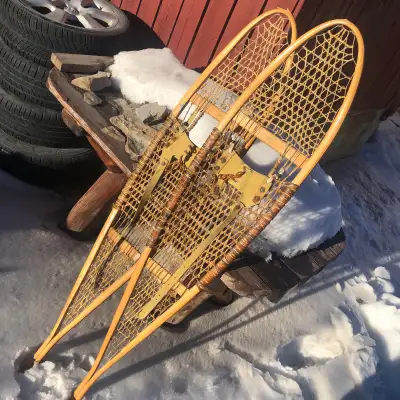 Vintage wood/rawhide snow shoes 12” X 60”, View more