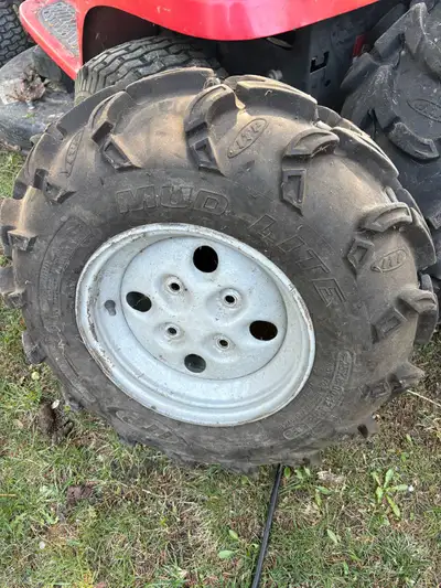5 atv tires on rims. Steers are newer. Fit Arctic Cats but I am not sure what else. Fronts 25x8x12 r...