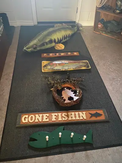For sale have some fish items big fish pillow 5.00,smaller fish in foam 5.00,wooden signs 10.00 each...