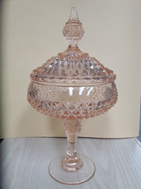 Vintage Pink Pressed & Cut Glass Candy Bowl on Pedestal with Lid