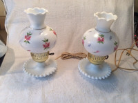 Pair White Floral Milk Glass Hobnail   Lamp w Floral Shade