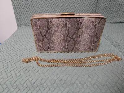 Snakeskin Print Clutch Purse – Gold Chain Strap, View more