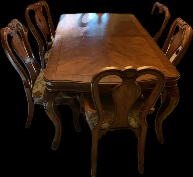Large Solid Wood Dining Table with 6 Lacquer Craft Chairs