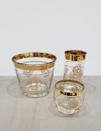 Vintage Bohemian glass set/ bar set/ MCM gold rimmed glassware