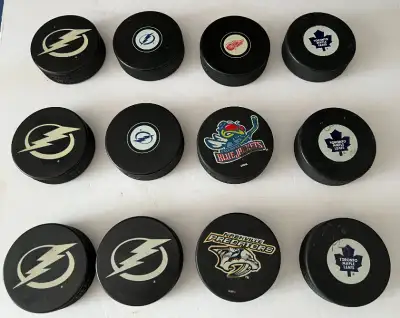 MORE NHL HOCKEY PUCKS LIGHTNING LEAFS PREDATORS WINGS IN GLAS CO, View more