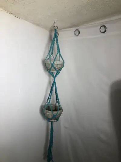 Teal Blue Double Macrame with Pots. NEW I buy these and dye them myself. Holds up to 6” pot 46” leng...