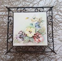 1976 Vintage Pansies Ceramic Trivet w Wrought Iron Tile Holder.