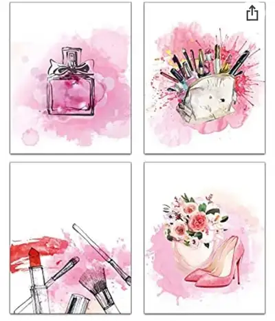 Modern Abstract Pink Graffiti Fashion Makeup Wall Prints Set of 4 (8"x10" Canvas Picture) Girls Woma...