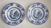 2 Antique Royal Doulton Blue Madras Transferware Wide-Rim BOWLS