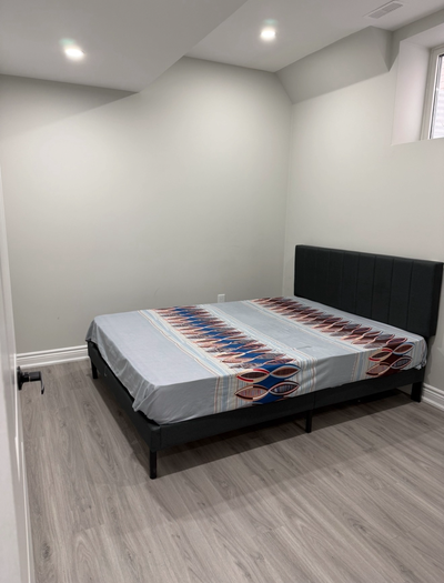 One furnished bedroom is available for rent in a basement with a separate entrance in Brampton, star...