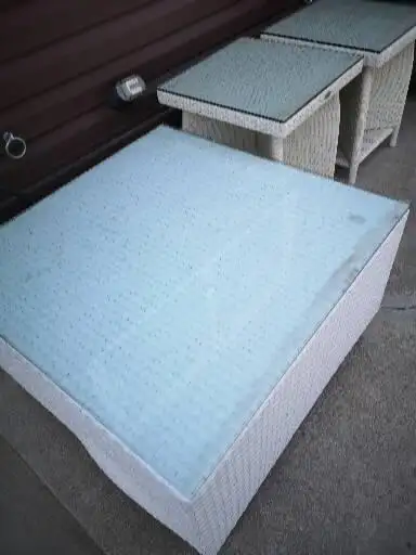 White wicker table and 3 wicker side tables., View more