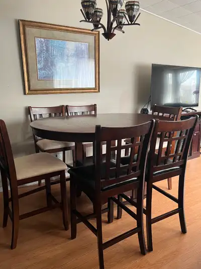 Bar height table with six chairs, View more