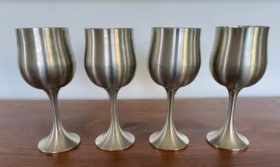 Elegant set of 4 vintage pewter wine goblets by Selangor Pewter Malaysia Singapore. These have a bea...