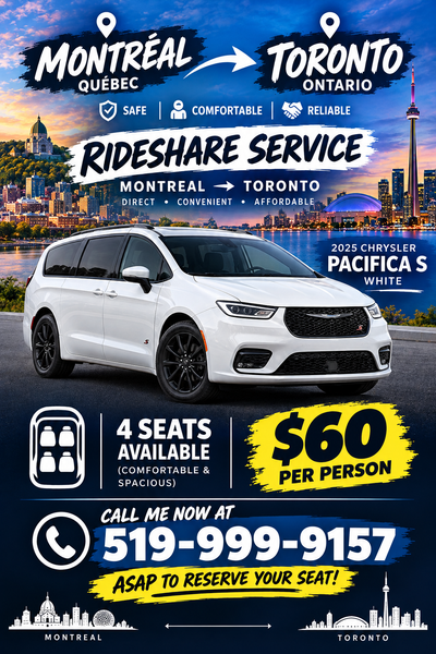 TORONTO TO MONTREAL!!!! Daily RIDESHARE, View more