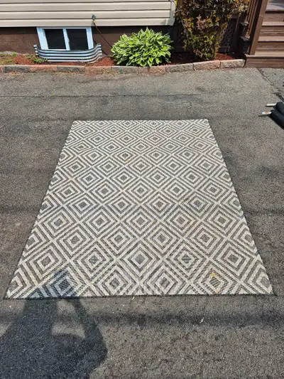 Outdoor rug $20 Needs to be cleaned with a hose or pressure washer. Color is beige and Grey Dimensio...