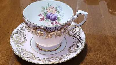 Vintage Paragon Tea Cup & Saucer Pink w/ Fruit and Gold Trim and, View more