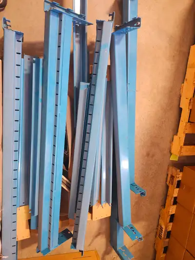Set of solid steel shelving/racking components in good used condition. These are heavy-duty uprights...