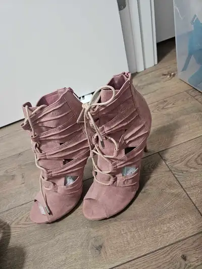 Blush Pink Faux Suede Lace-Up Peep-Toe Stiletto Booties, View more
