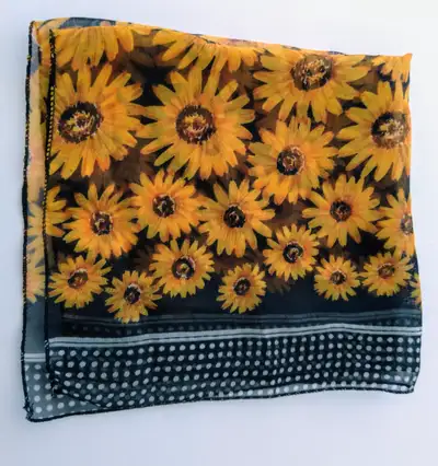 Vintage 90's Scarf Neckerchief Sunflower Print Black, white, yellow and orange Great print Approx Si...