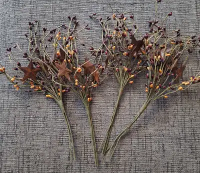 Primitive Floral picks with Rustic metal Stars and berries  (4), View more