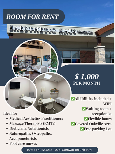 Room for rent in coveted OAKVILLE area Located inside The Aesthetic Haus medical spa 2061 Cornwall R...