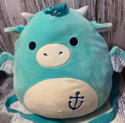 Fun Squishmallow Plush Backpack Mile the Teal Dragon with a sailors ANCHOR Monogram on the side of h...