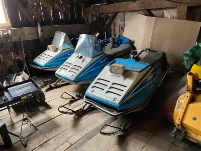 Selling a set of three 1977 Kawasaki Sno-Jets, perfect for vintage snowmobile enthusiasts or collect...