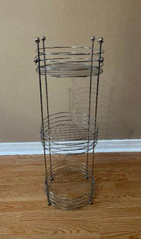 Three Tier Basket Stand Chrome & Wooden Rolling Cart White