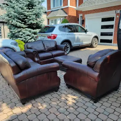 LIKE NEW FULL TOP GRAIN REAL LEATHER SOFA SET, CAN DELIVER, View more