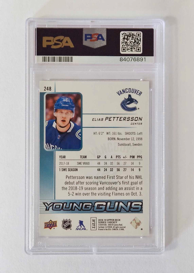 2018-19 Elias Pettersson Young Guns Rookie PSA 10 in Arts & Collectibles in Portage la Prairie - Image 2