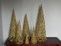 Beatiful set of 6 antique metal cone trees, fine gold tinsel$100