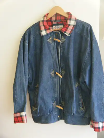 Jean Jacket with Plaid Lining and Wooden Toggles., View more