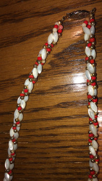 Triple Strand Pearl Necklace with Red and Gold Stones