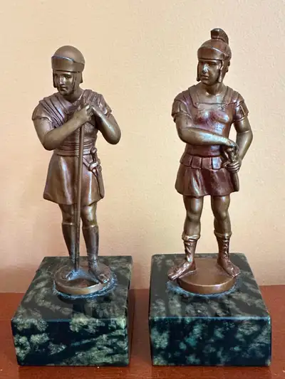A pair vintage solid metal Roman soldier statues marble bases, View more