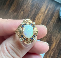 14k gold opal diamond blue sapphire ring 