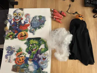 Halloween stuff $5 for everything -Spider webbing with multiple spider rings -Hanging pumpkin guy -S...