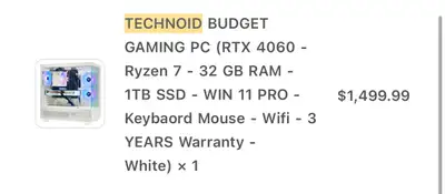 Gaming PC from Technoid. Bought January 2025 (Can show proof of purchase) Selling as I don't have ti...