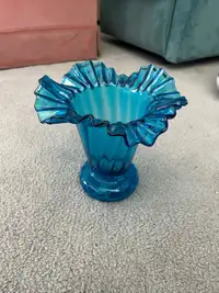 Vintage Blue Glass Vase,  Beacon ruffle edge MCM