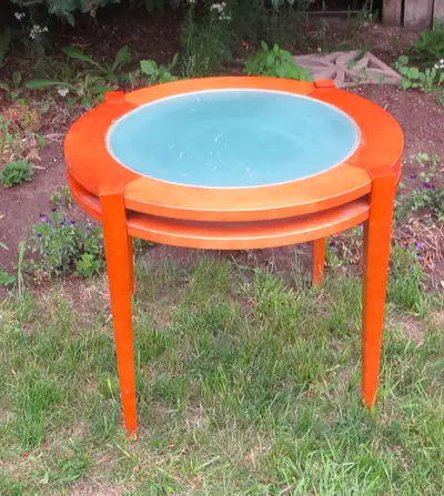 ROUND END TABLE with FROSTED GLASS INSERT . MADE of BIRCH / MAPLE WOOD. GOOD USED VINTAGE CONDITION...