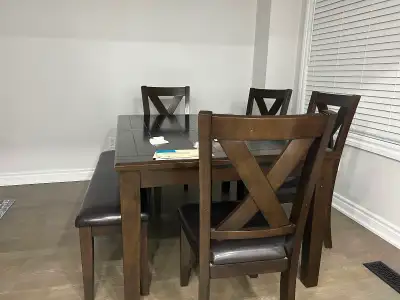 Dining table, 3 chairs, one bench, View more