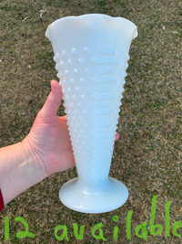 Up to 12 Matching Vintage Milk Glass Pedestal Fluted Vases