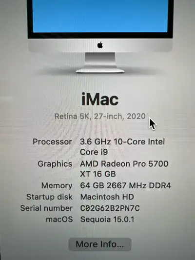 IMAC 2020 27”, i9, 64gb, 512gb, Radeon Pro 5700XT 16gb, View more