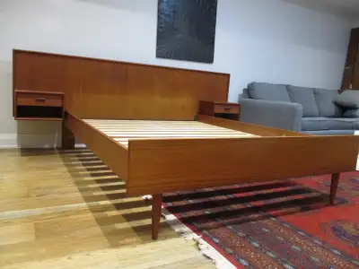 Queen, Teak Bed Frame with Floating Side Tables, MCM, View more