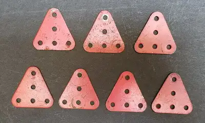 37 vintage1950s original Meccano parts - triangle, semi-circle, Flat, flexible, flanged & C,U,V sect...