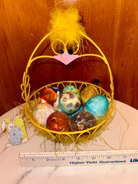 New, Vintage wire egg basket, 9 hollowed out painted eggs, $20